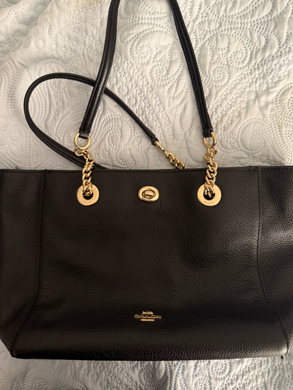 Coach Black Leather Tote with Gold Chain Hardware